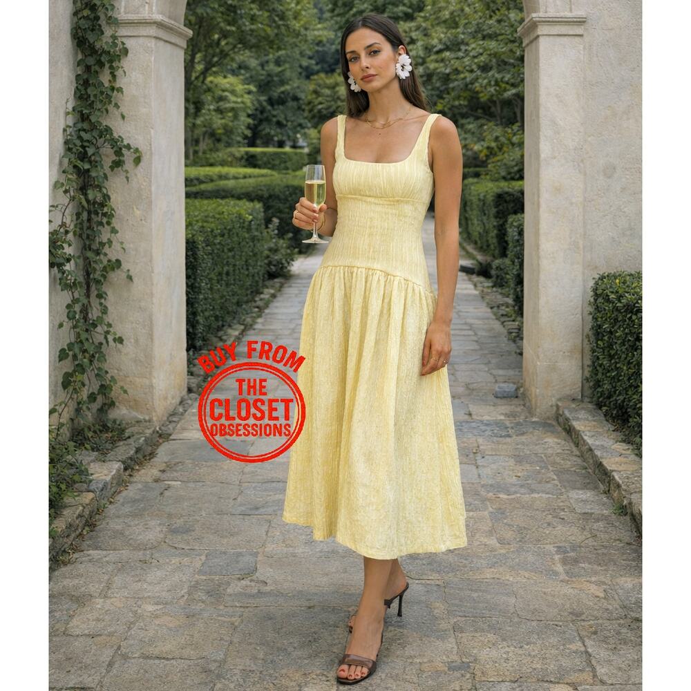 ZARA Yellow Textured Midi Dress NWT Square Neck Open Back Cottagecore Size S - Picture 7 of 16